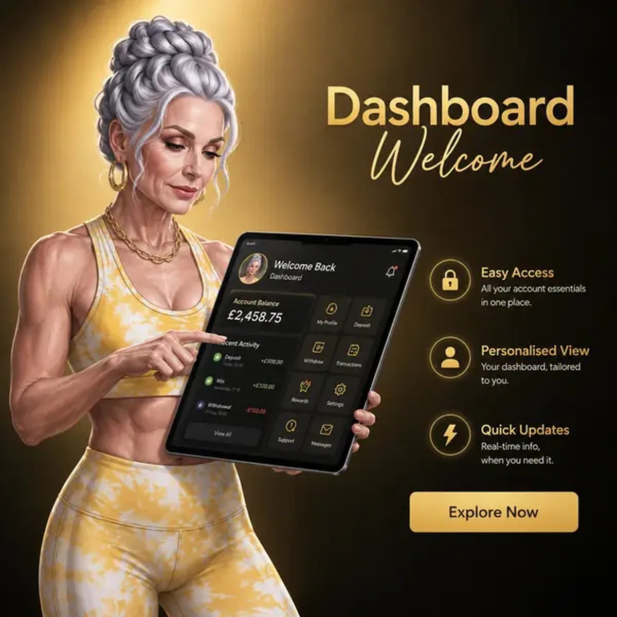 Donna atletica sui sessant'anni che accede con sicurezza al portale Dashboard Welcome su tablet moderno