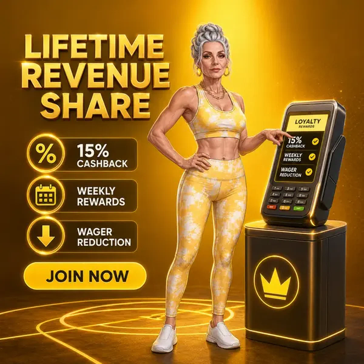Competitor femminile che opera con sicurezza il terminale di pagamento presso il programma di affiliazione Lifetime Revenue Share and Player Value