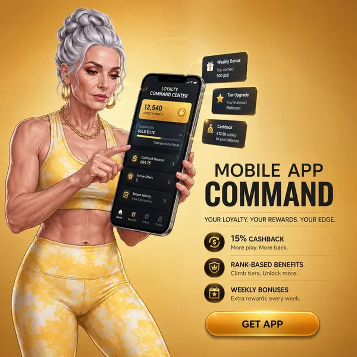 Donna dai capelli argentati che gestisce i premi fedeltà attraverso l'interfaccia dell'app mobile [Brand]