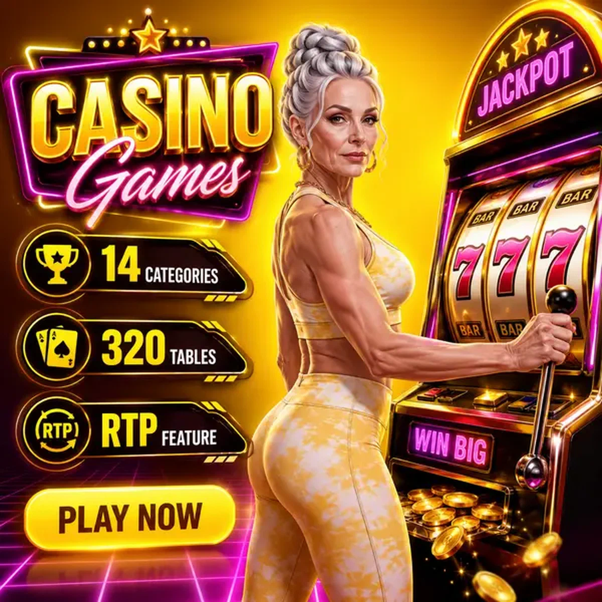 Donna atletica che tira la leva alla slot machine Spin Granny Casino Games con rulli retrò che girano