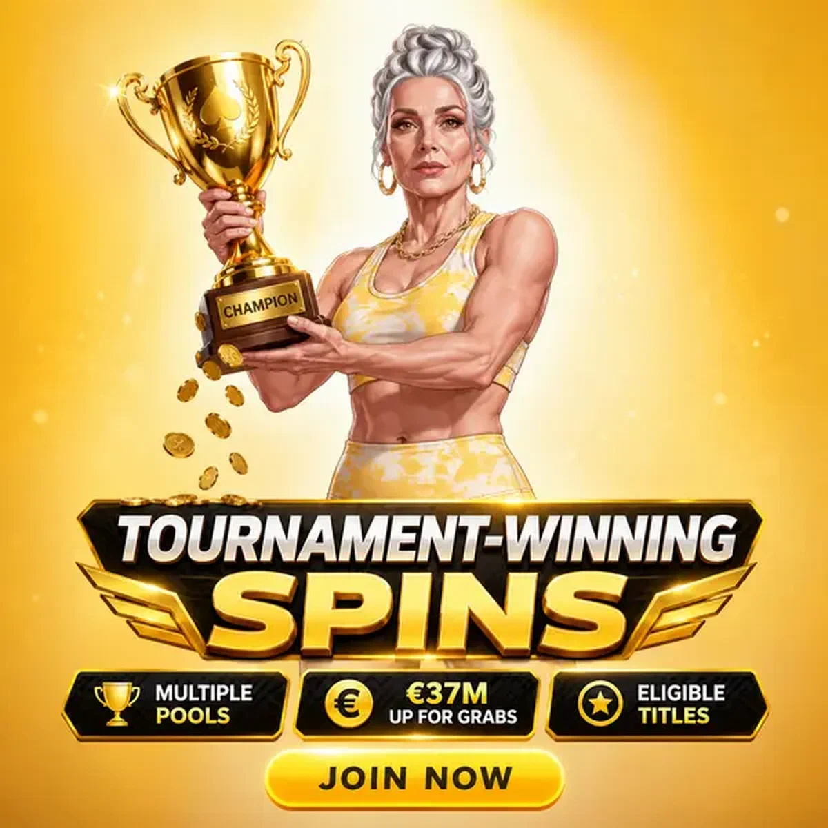 Donna atletica che tiene trofeo dorato alla celebrazione della vittoria nei tornei slot Spin Granny