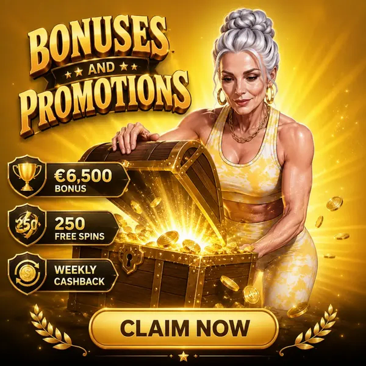 Donna atletica apre forziere bonus dorato nella sala promozioni Spin Granny