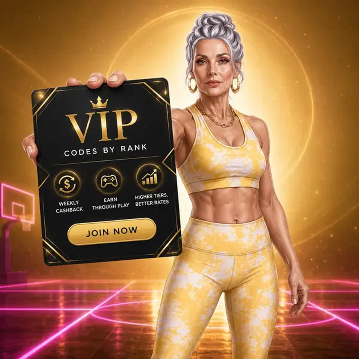 Giocatore VIP che presenta card codice promozionale al portale Codici Esclusivi VIP per Livello Fedeltà illuminato al neon