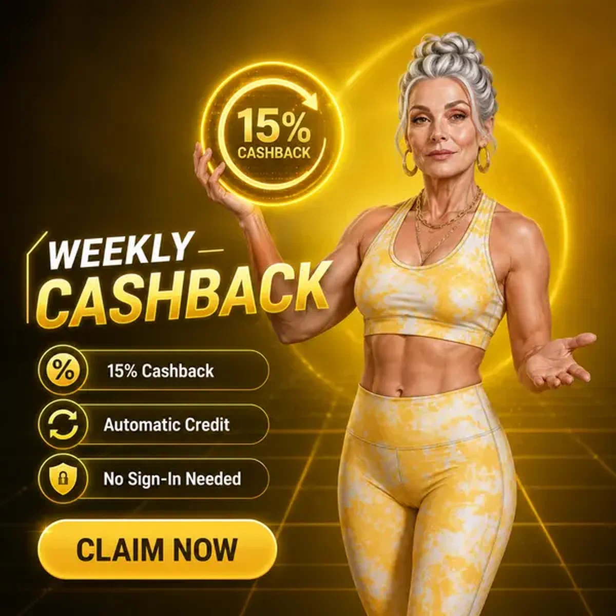 Donna che presenta l'emblema del cashback settimanale mentre accede al portale premi