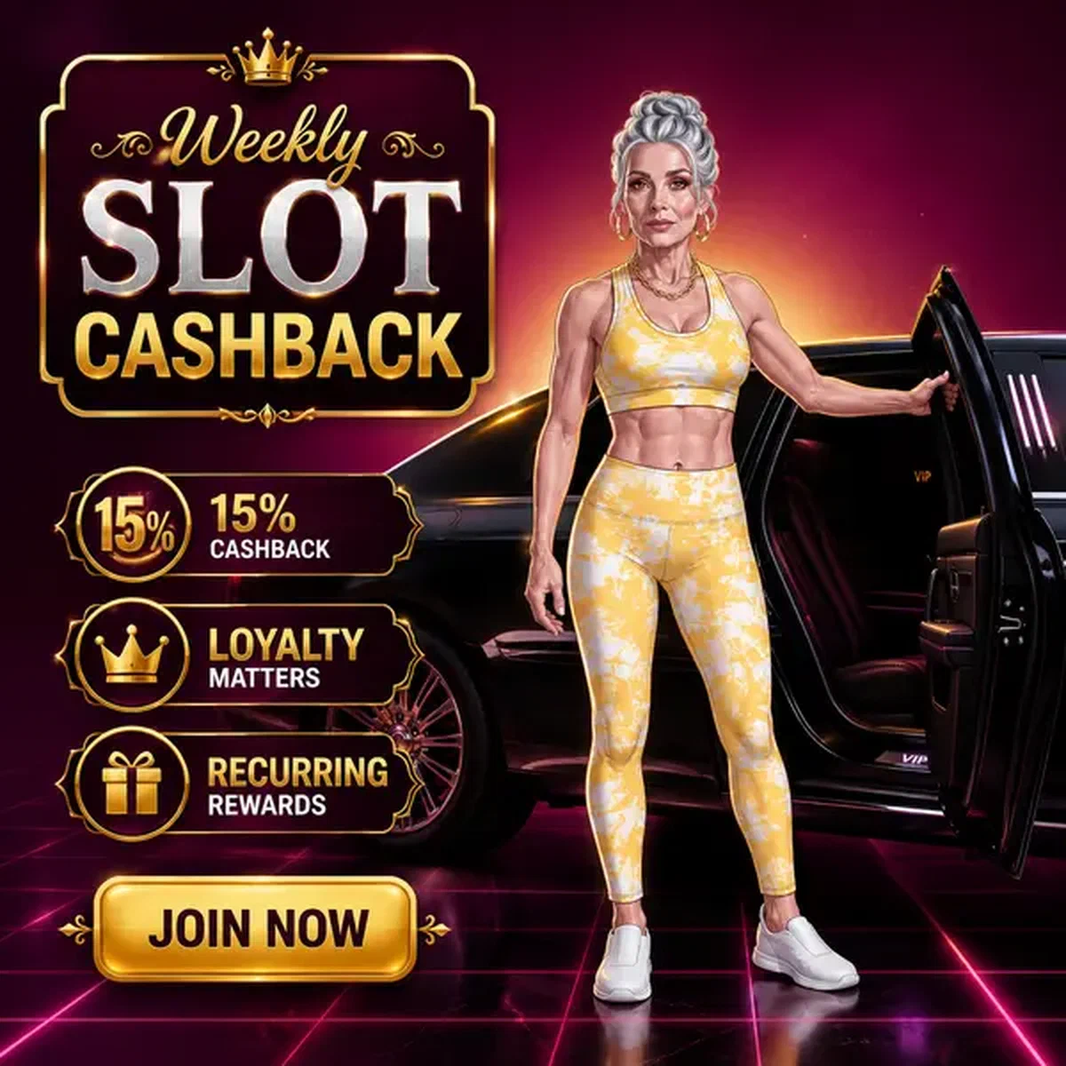 Giocatore VIP con portiera limousine aperta all'esperienza slot Cashback Settimanale