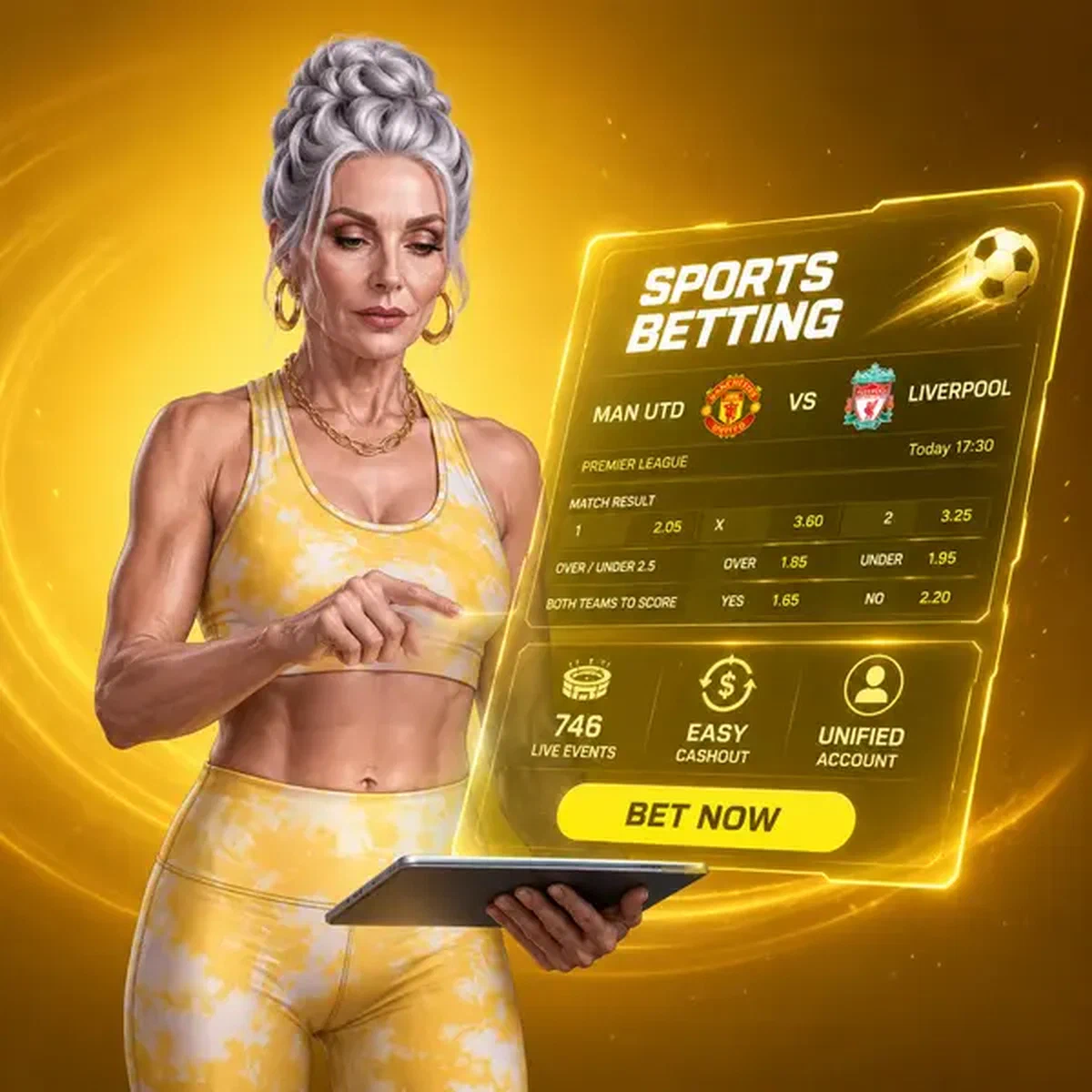 Atletische vrouw onderzoekt sportweddenschappen odds op holografische display bij Spin Granny Sports Betting