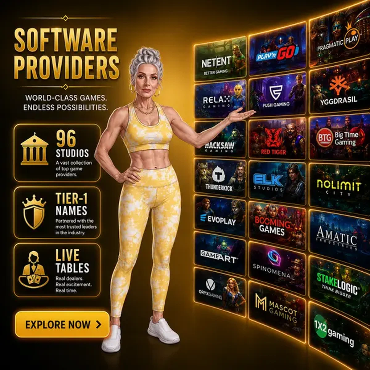 Donna alta che mostra parete fornitori software Spin Granny con tessere di gioco luminose