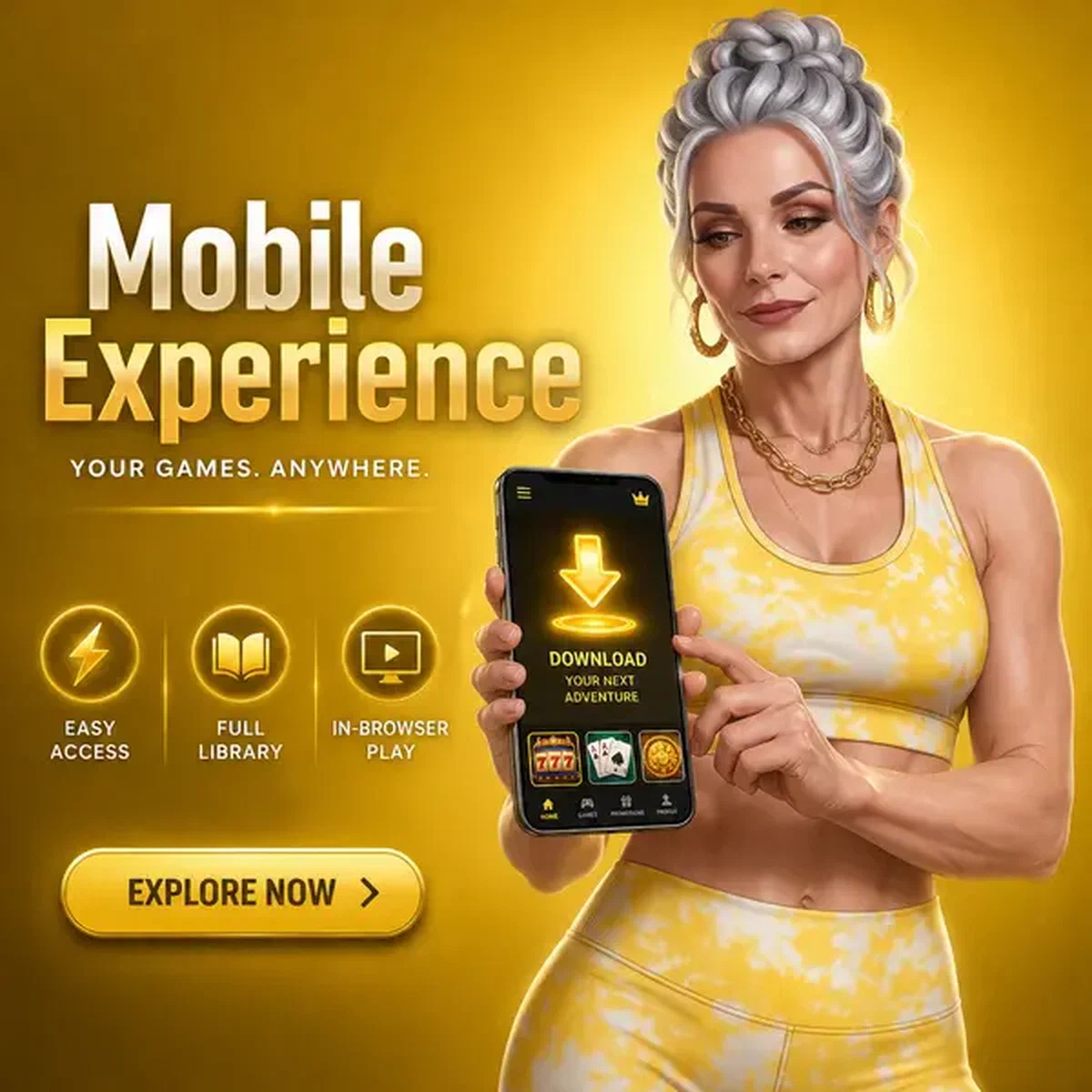 Donna atletica interagisce con download app mobile Spin Granny su schermo smartphone luminoso
